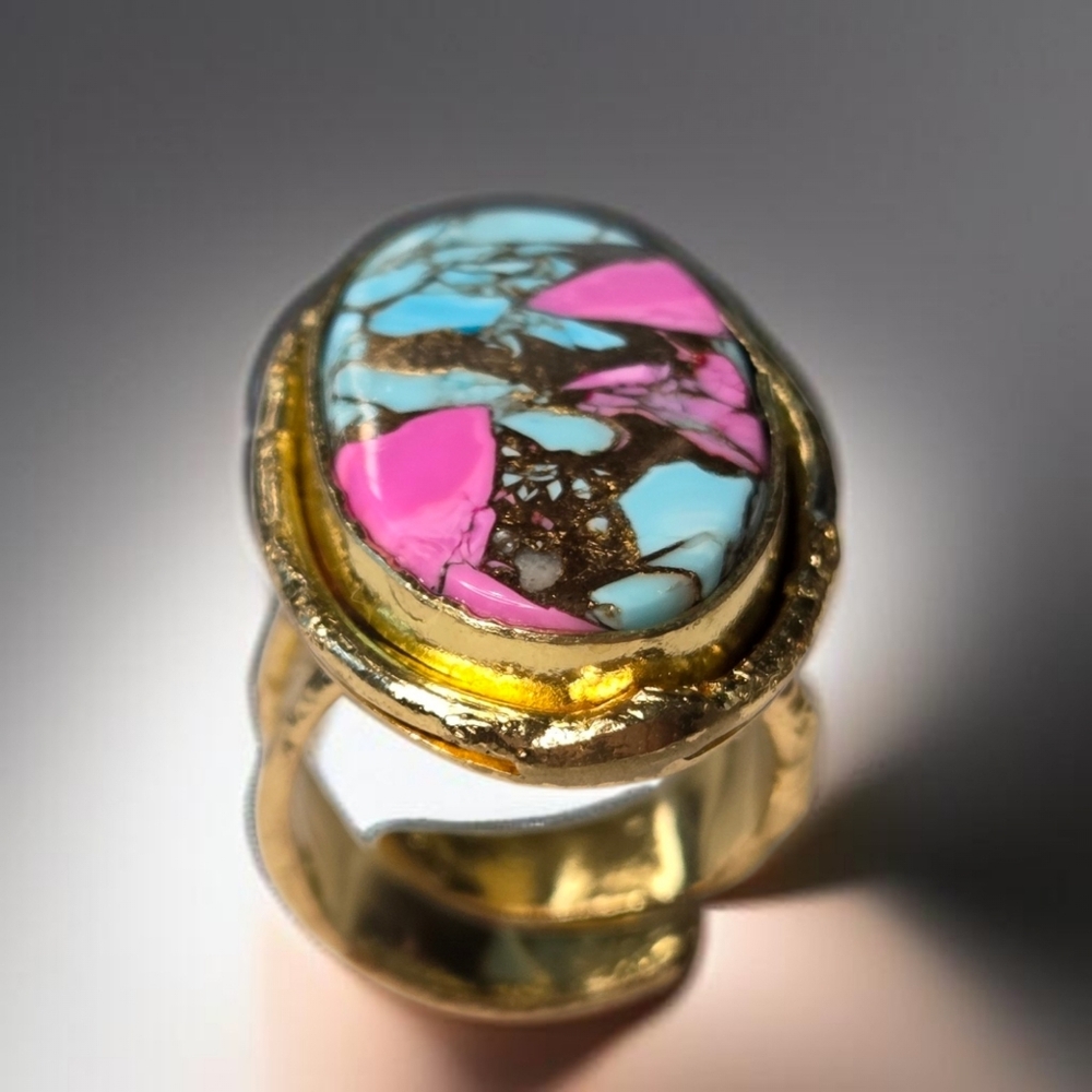 18k Gold Plated Cotton Candy Turquoise Statement Ring - Picture 3 of 6